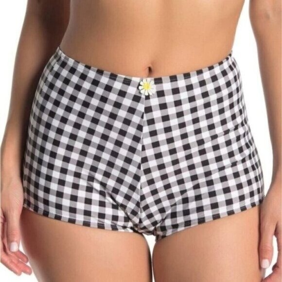 NWT Betsey Johnson Black White High Waisted Boy-Short Bikini Bottoms Size Large - Picture 1 of 8